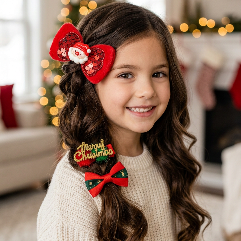 Kids Christmas Holiday Plush & Sequin Hair Clip Set – 3-Piece Cards 12pcs (CHP-9059)