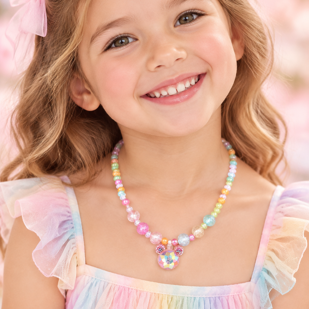 Pastel Beaded Kids Necklace with Rhinestone Mouse Head Pendant – Assorted Pastel Colors 12-Piece (CK2120)