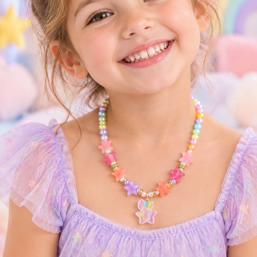 Colorful Pastel Beaded Kids Necklace with Star Beads & Glitter Star Pendant – Unicorn Display Card 12-Piece Wholesale Pack (CK2139)