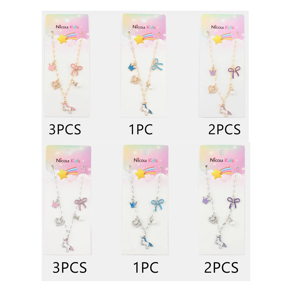 Enchanted Charm Necklace - Gold & Silver Tone Unicorn & Bow Jewelry (CK2159)
