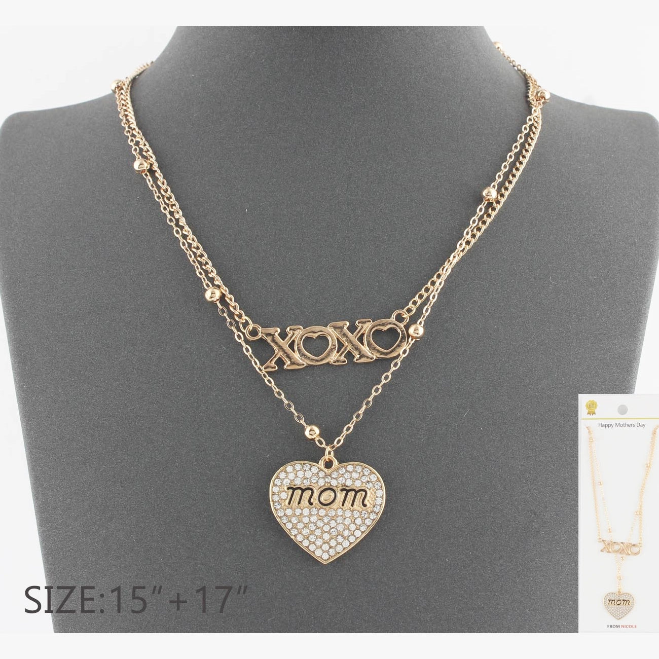 Celebrate Mom: Elegant Layered "MOM" & "XOXO" Heart Necklace Set (CK2166)