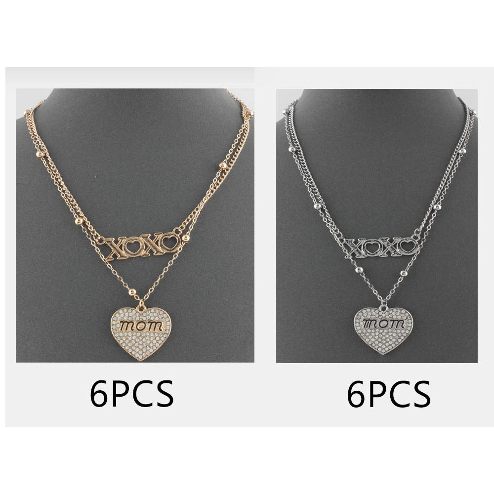 Celebrate Mom: Elegant Layered "MOM" & "XOXO" Heart Necklace Set (CK2166)