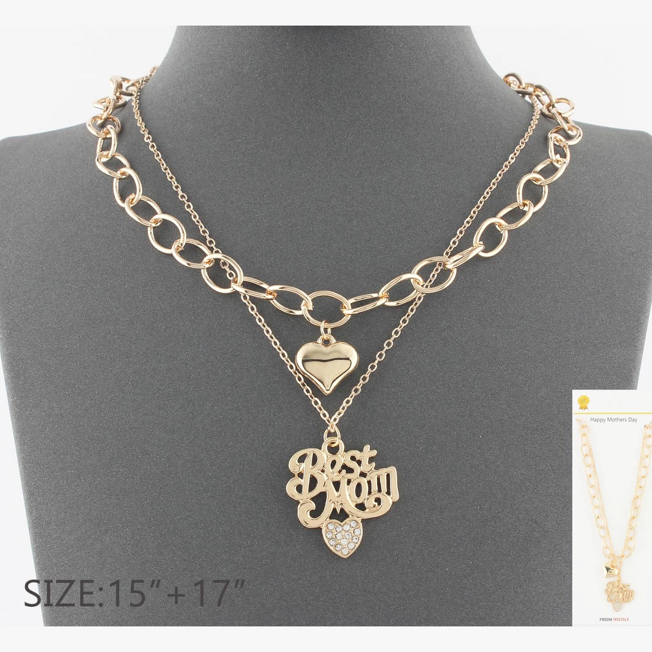 "Best Mom" Layered Necklace Set – 2-Piece Gold & Silver Tone Hearts Pendant Necklaces (CK2168)