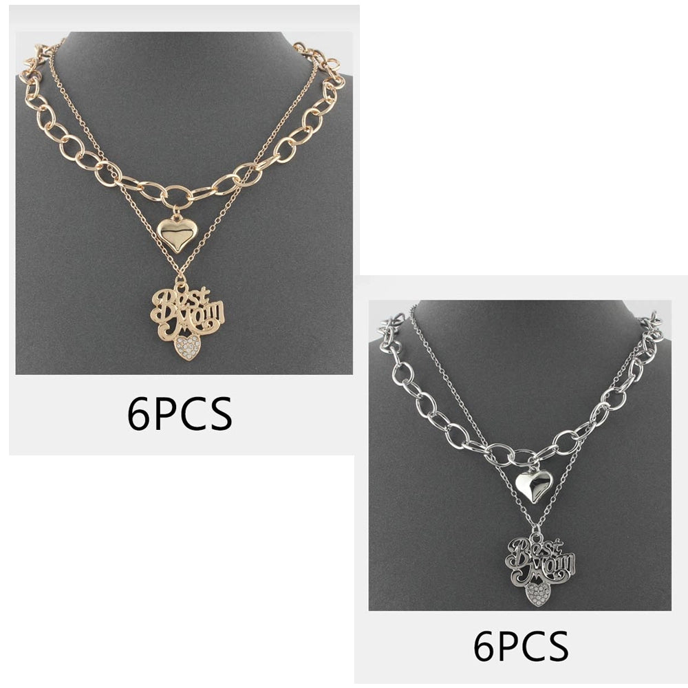"Best Mom" Layered Necklace Set – 2-Piece Gold & Silver Tone Hearts Pendant Necklaces (CK2168)