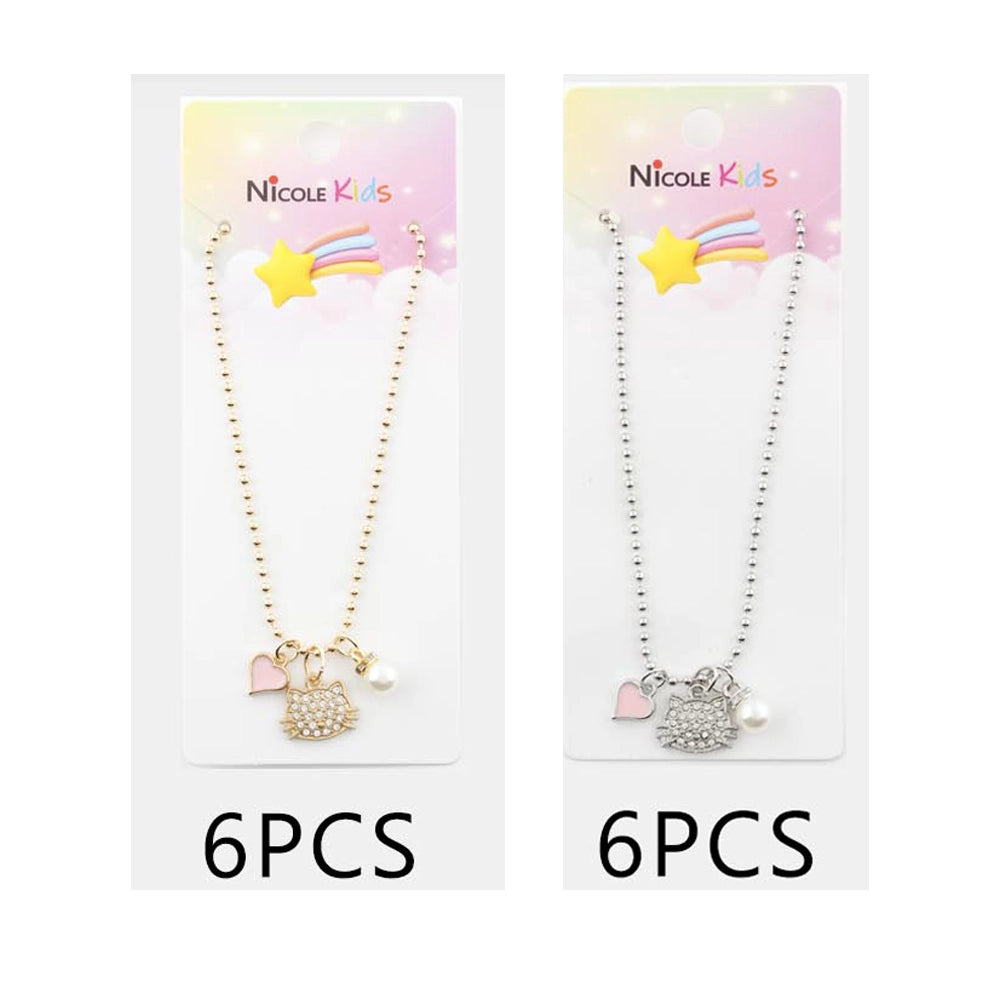 Kids Gold-tone Cat Necklace with Pink Heart & Pearl Charm, Children's Jewelry Gift, Adjustable Ball Chain Necklace for Girls