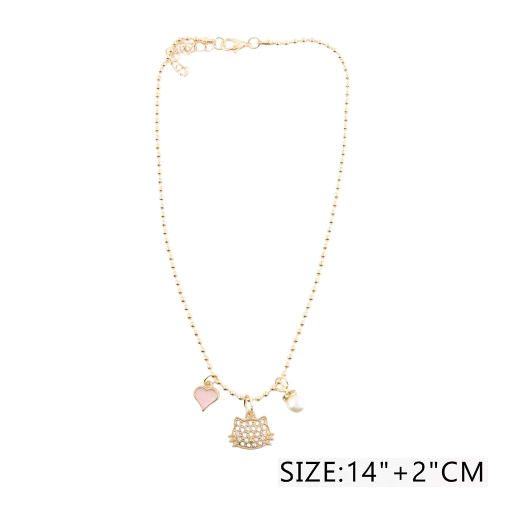 Kids Gold-tone Cat Necklace with Pink Heart & Pearl Charm, Children's Jewelry Gift, Adjustable Ball Chain Necklace for Girls