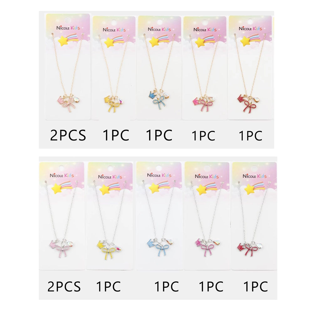 Kids Crown & Bow Charm Necklace – 14" + 2" Adjustable Gold & Silver Tone Chain