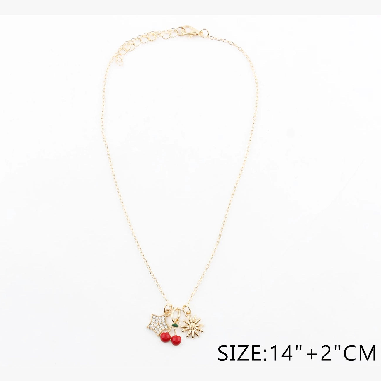 Triple Charm Pendant Necklace – Gold & Silver Tone Cherry, Star, and Sun Jewelry – Adjustable 14" Chain (CK2258)