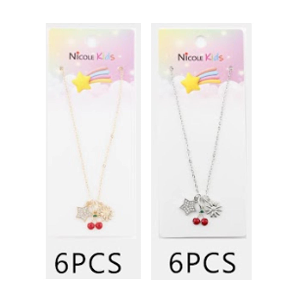 Triple Charm Pendant Necklace – Gold & Silver Tone Cherry, Star, and Sun Jewelry – Adjustable 14" Chain (CK2258)