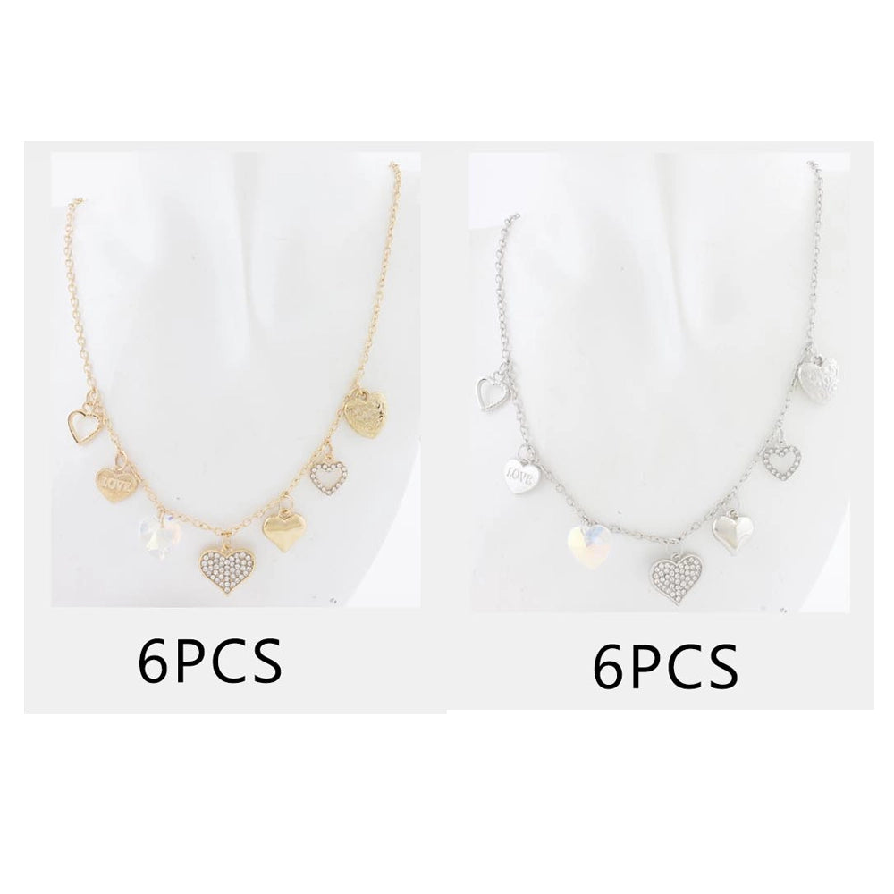 Multi-Heart Charm Statement Necklace - Crystal & Filigree Heart Pendants (CK2273)