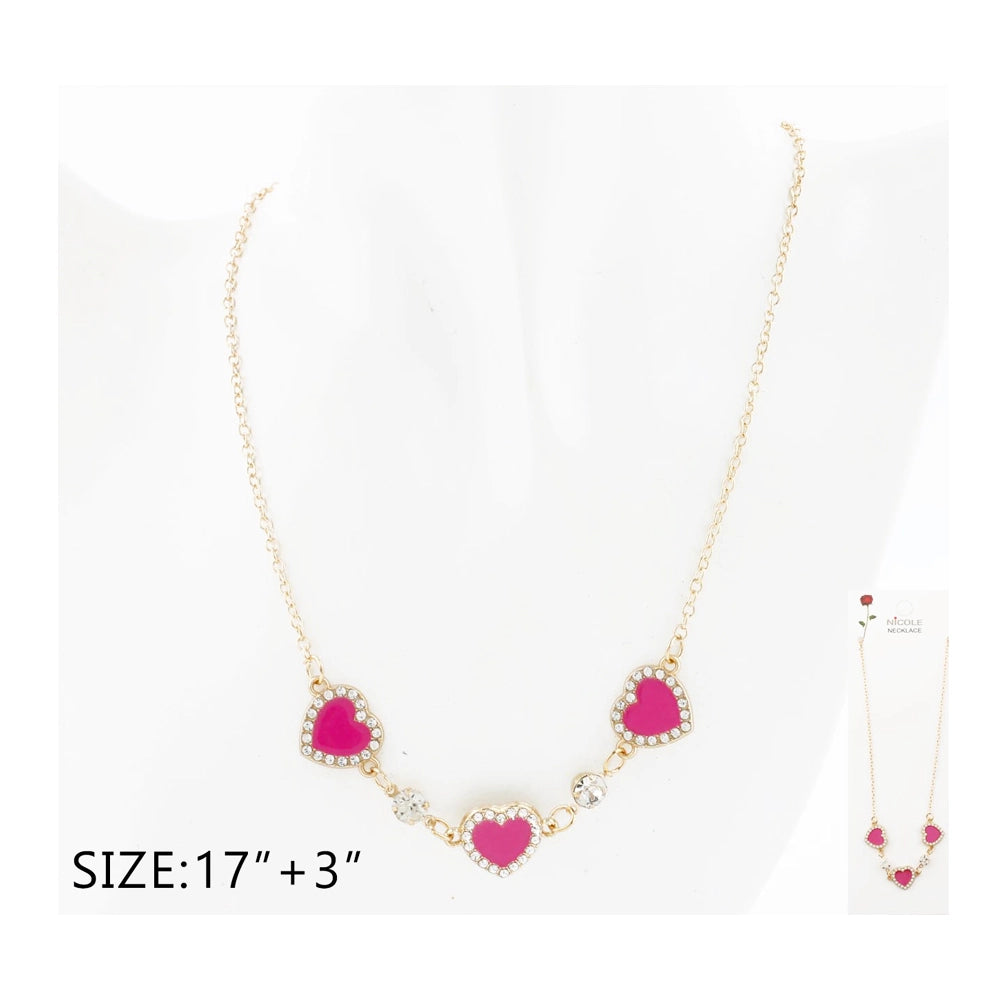 Triple Heart Station Necklace - Crystal Pave Hearts, 17"+3" Adjustable Chain