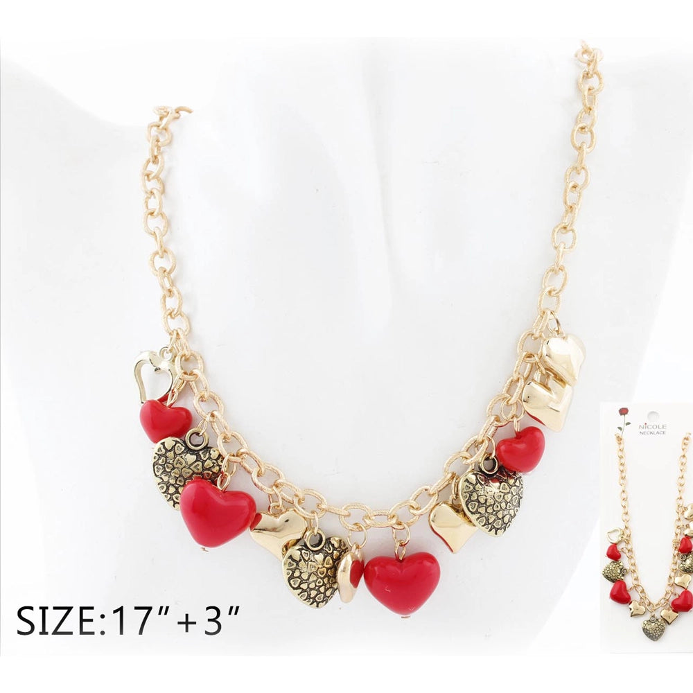 Heart Charm Statement Necklace - 17"+3" Adjustable Chunky Link Chain with Red & Pink Multi-Textured Heart Pendants (CK2278)
