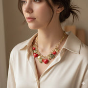 Heart Charm Statement Necklace - 17"+3" Adjustable Chunky Link Chain with Red & Pink Multi-Textured Heart Pendants (CK2278)