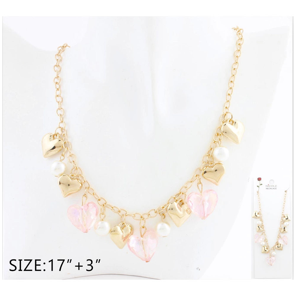 Heart Charm Necklace – Gold & Silver Tones with Pearls and Faceted Crystal Hearts, 17"+3" Extender (CK2286)