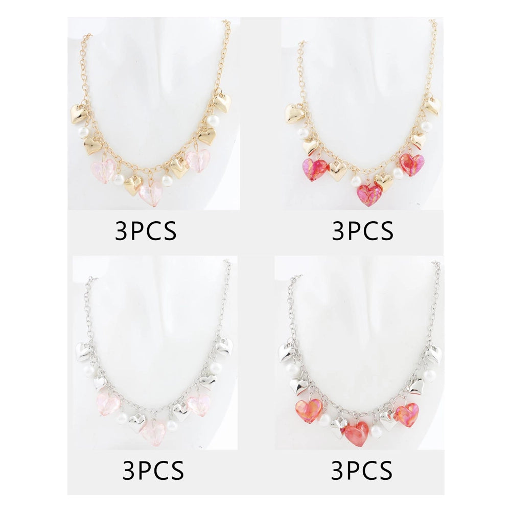 Heart Charm Necklace – Gold & Silver Tones with Pearls and Faceted Crystal Hearts, 17"+3" Extender (CK2286)