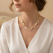 Heart Charm Necklace – Gold & Silver Tones with Pearls and Faceted Crystal Hearts, 17"+3" Extender (CK2286)