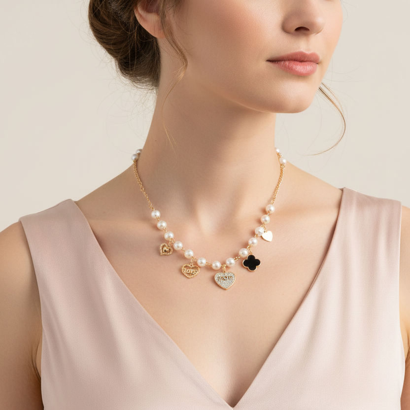 Elegant Pearl Charm Necklace - "Mom" & "Love" Heart Pendant CK2308