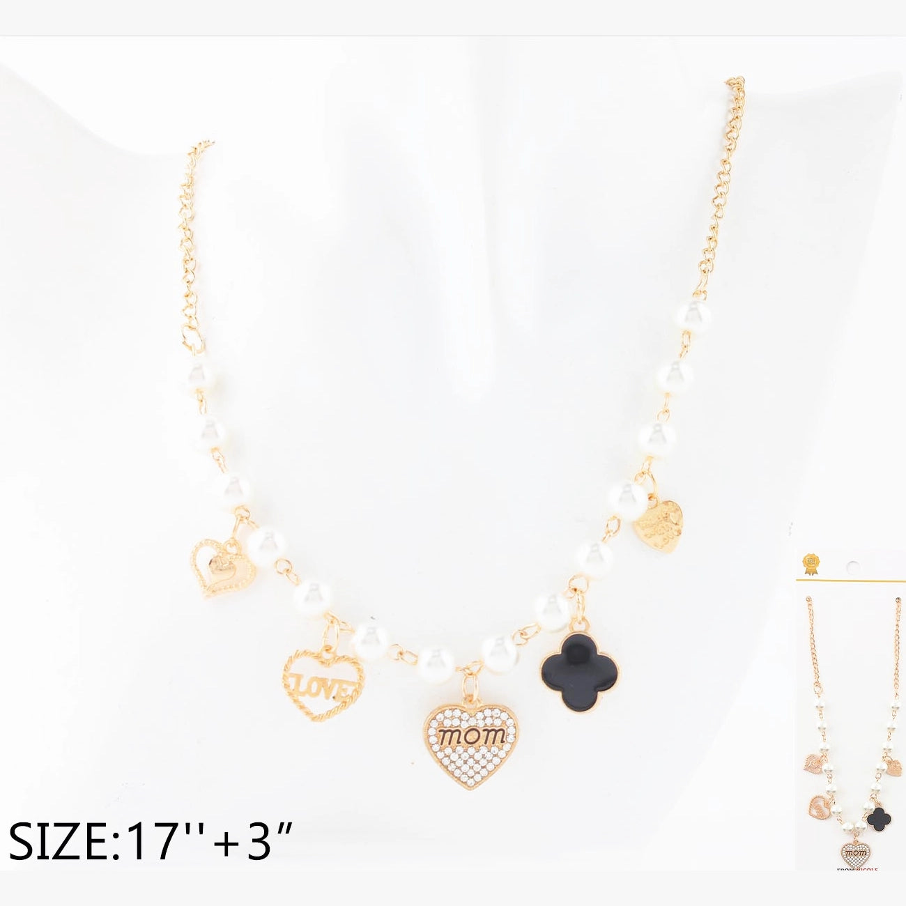 Elegant Pearl Charm Necklace - "Mom" & "Love" Heart Pendant CK2308