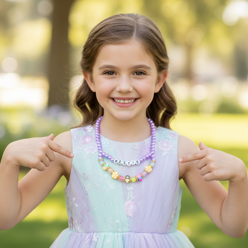 "Bestie" Double-Strand Beaded Necklace – Colorful Candy & Charm Jewelry for Children (CK2326)