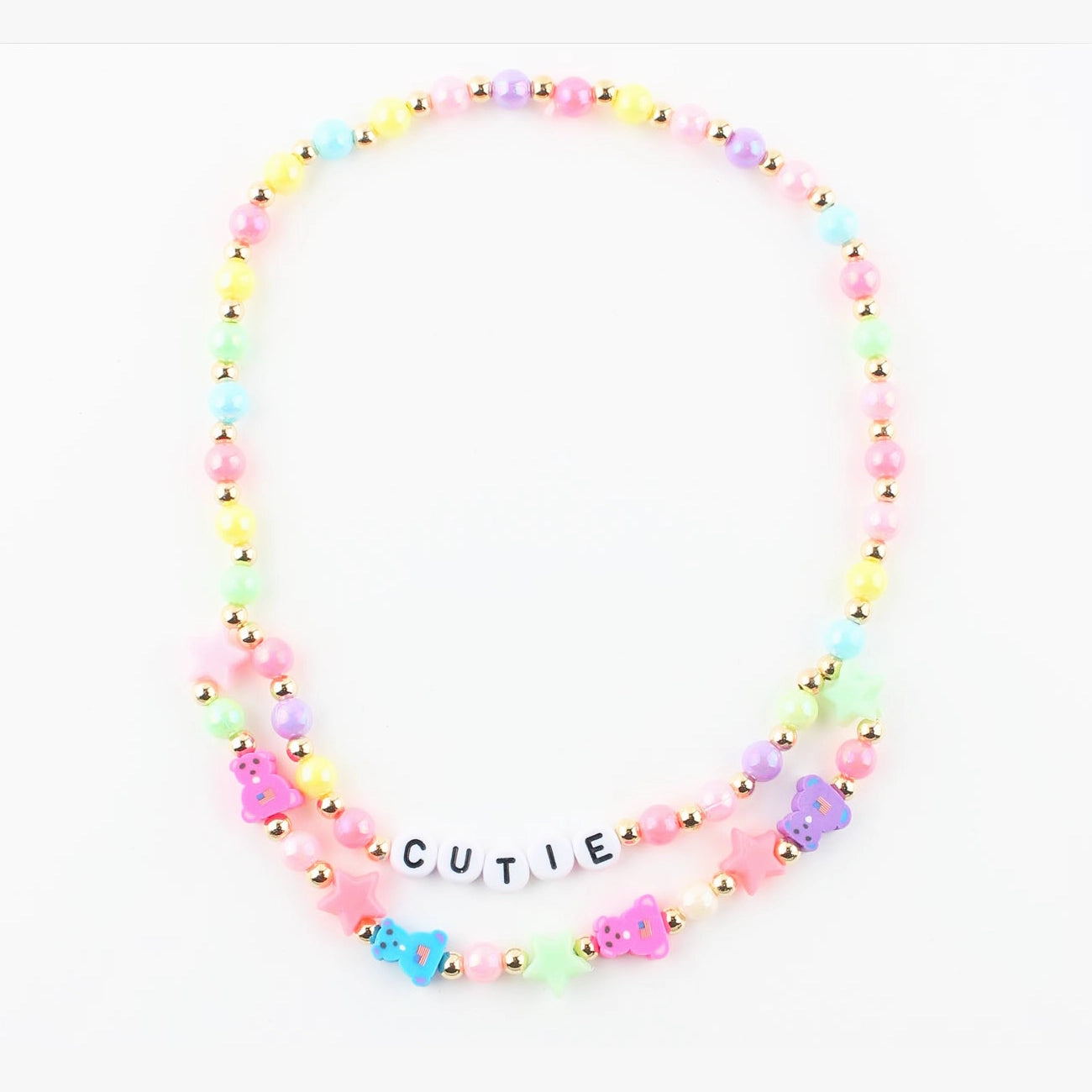 "CUTIE" Double-Strand Beaded Necklace - Pastel Charm & Teddy Accents (CK2330)