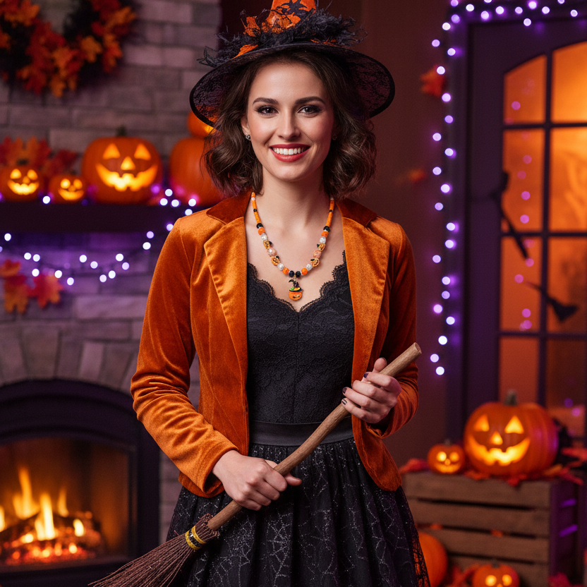 Halloween Beaded Pumpkin Pendant Necklace – Witch Hat Jack-O'-Lantern Charm Necklace (17" + 3" Extension) (CK2379)
