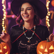 Halloween Black Cat Beaded Charm Necklace – Adjustable Spooky Pumpkin & Skull Jewelry (17"+3") (CK2380)