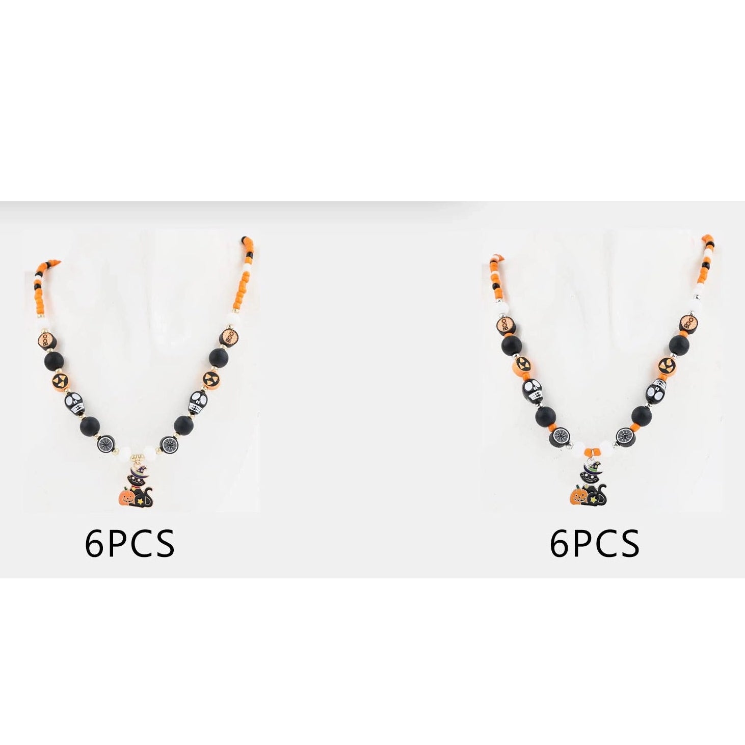 Halloween Black Cat Beaded Charm Necklace – Adjustable Spooky Pumpkin & Skull Jewelry (17"+3") (CK2380)