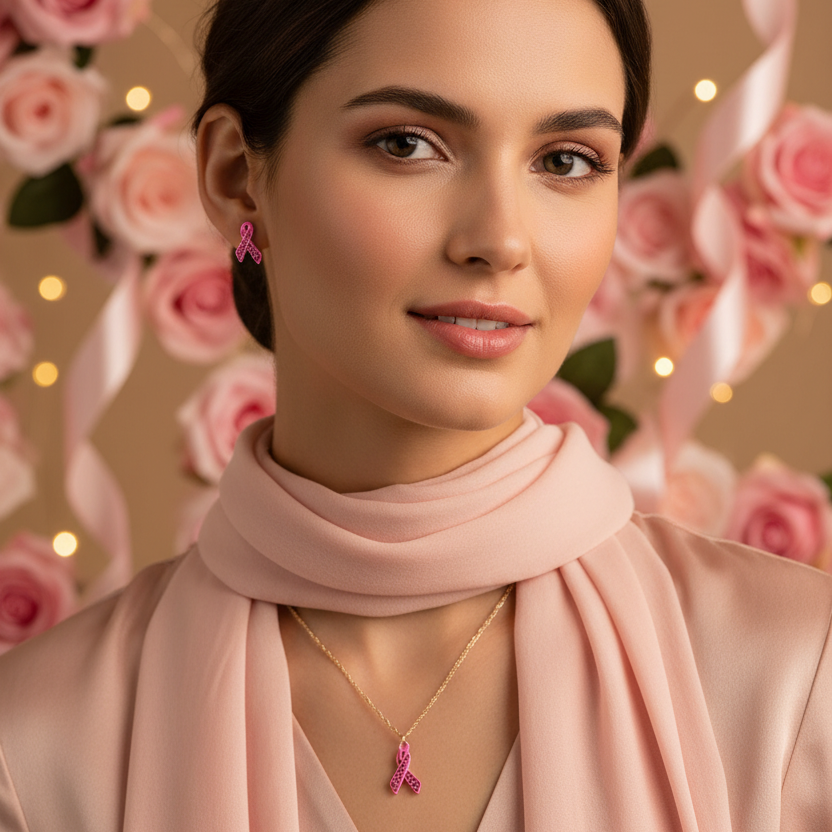 Pink Ribbon Necklace & Earrings Set – Rhinestone Ribbon Fashion Jewelry (CK2402)