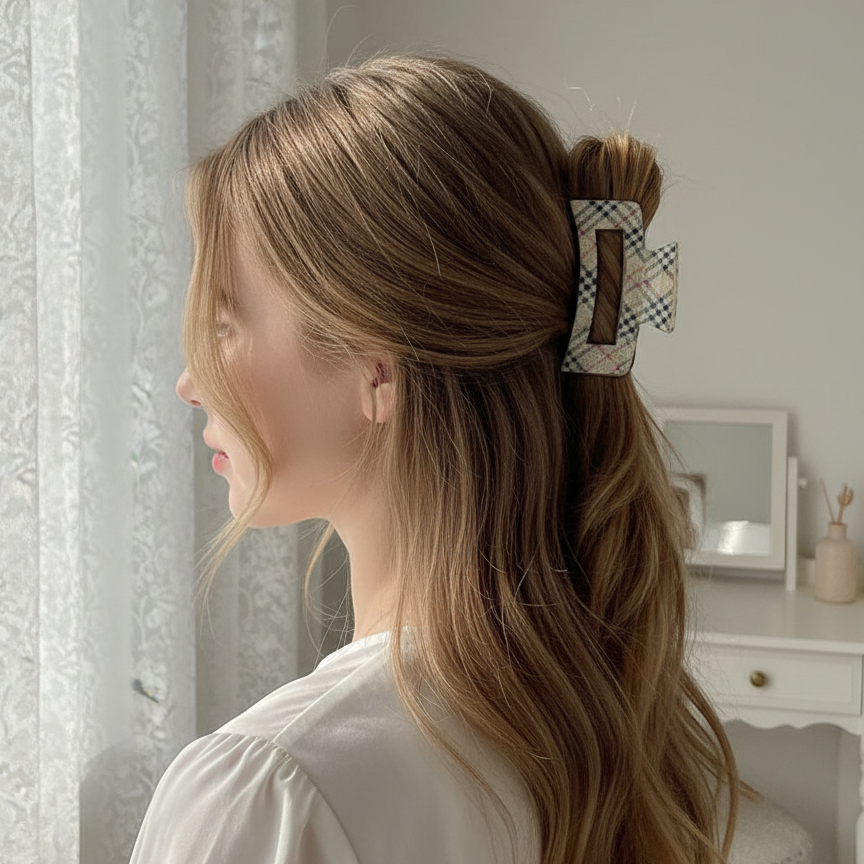 Adorn Plaid Heritage Claw Clip – Chic 8.5cm Rectangular Hair Clamp in Glitter Tan & Black (CP06)