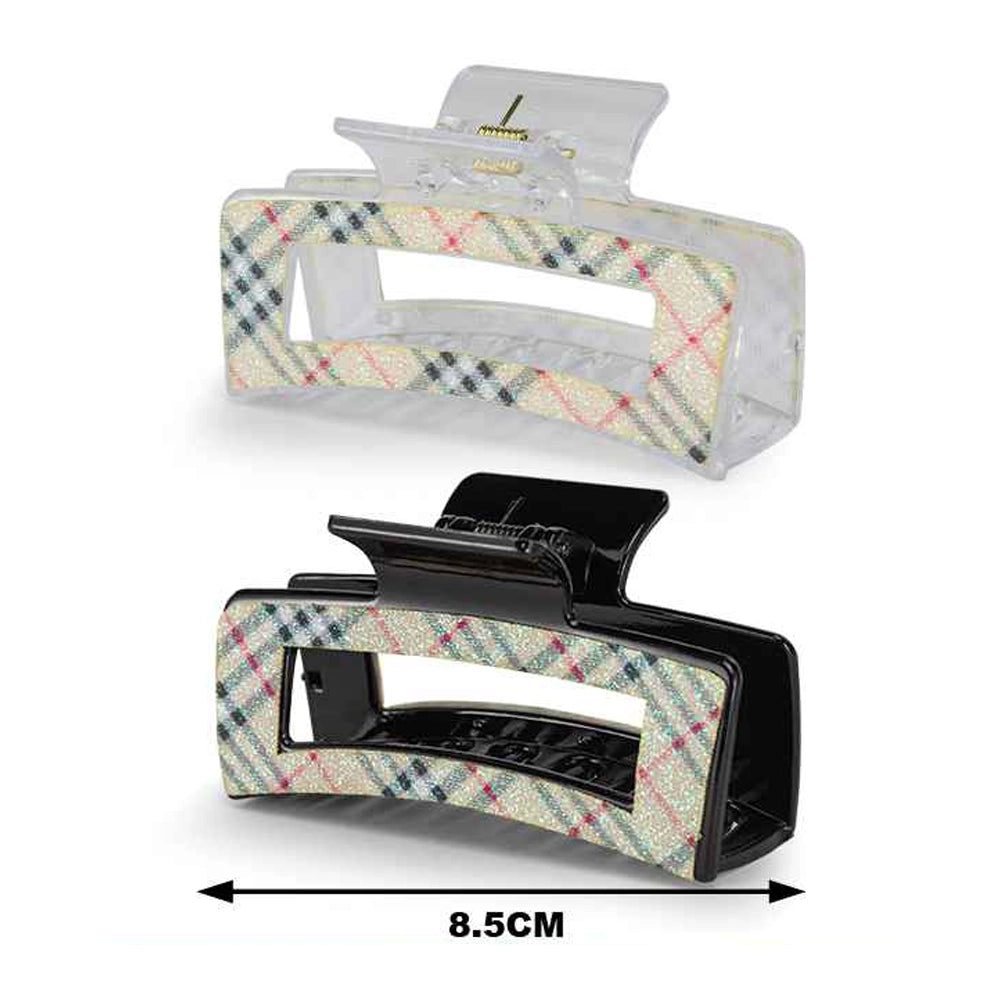 Adorn Plaid Heritage Claw Clip – Chic 8.5cm Rectangular Hair Clamp in Glitter Tan & Black (CP06)