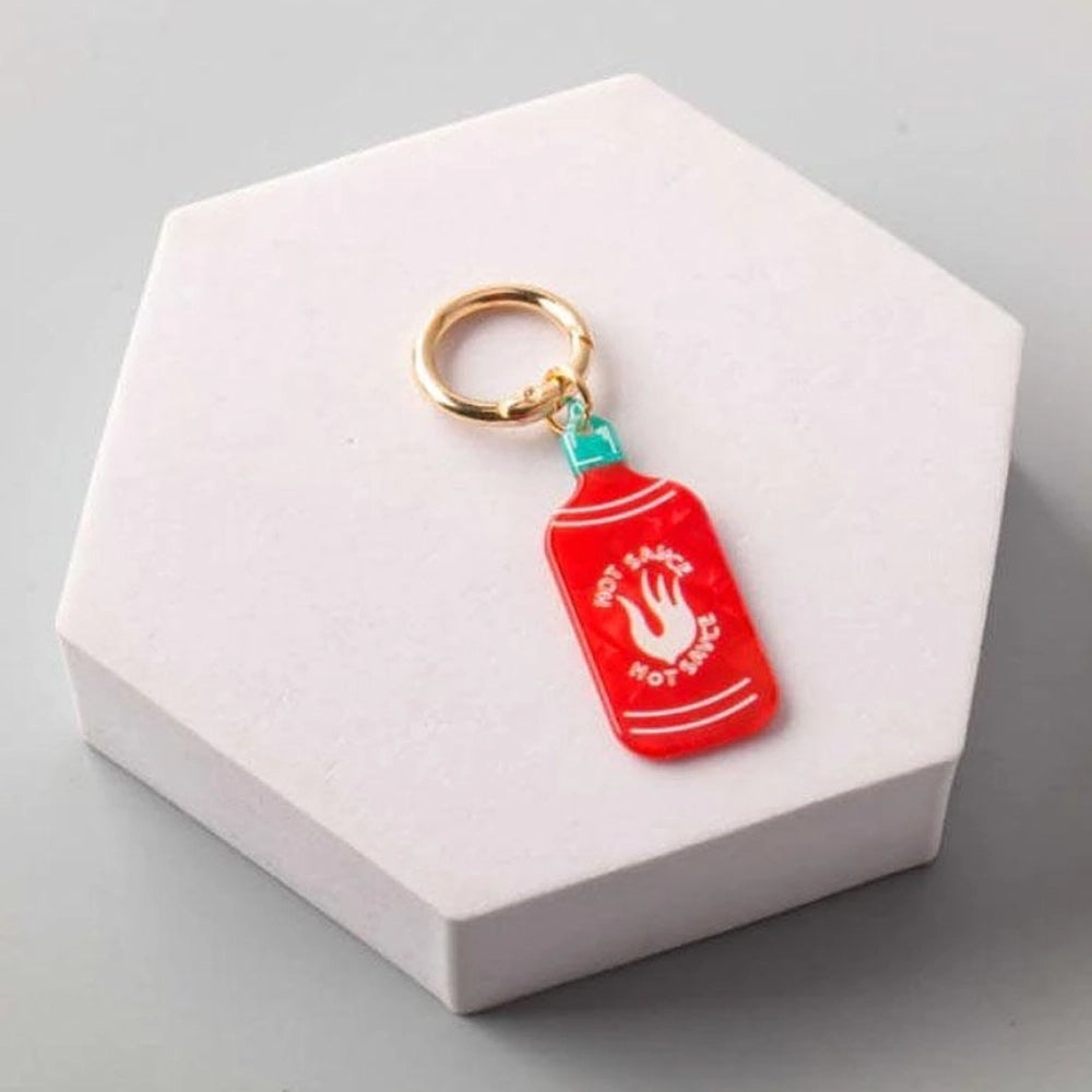 Red Hot Sauce Bottle & Chili Pepper Enamel Charm Keychain - Gold Hardware (CR1174)