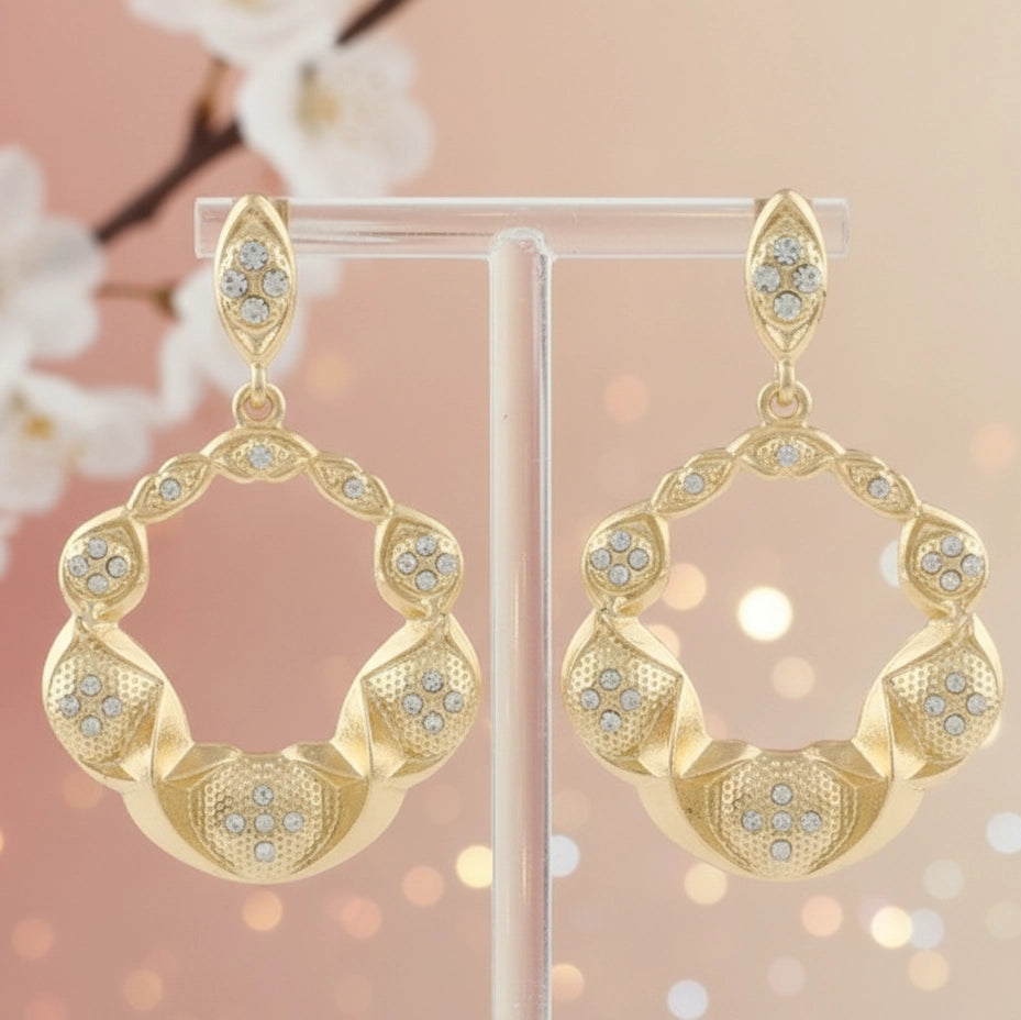 Textured Geometric Pave Drop Earrings | Statement Gold/Silver Circles