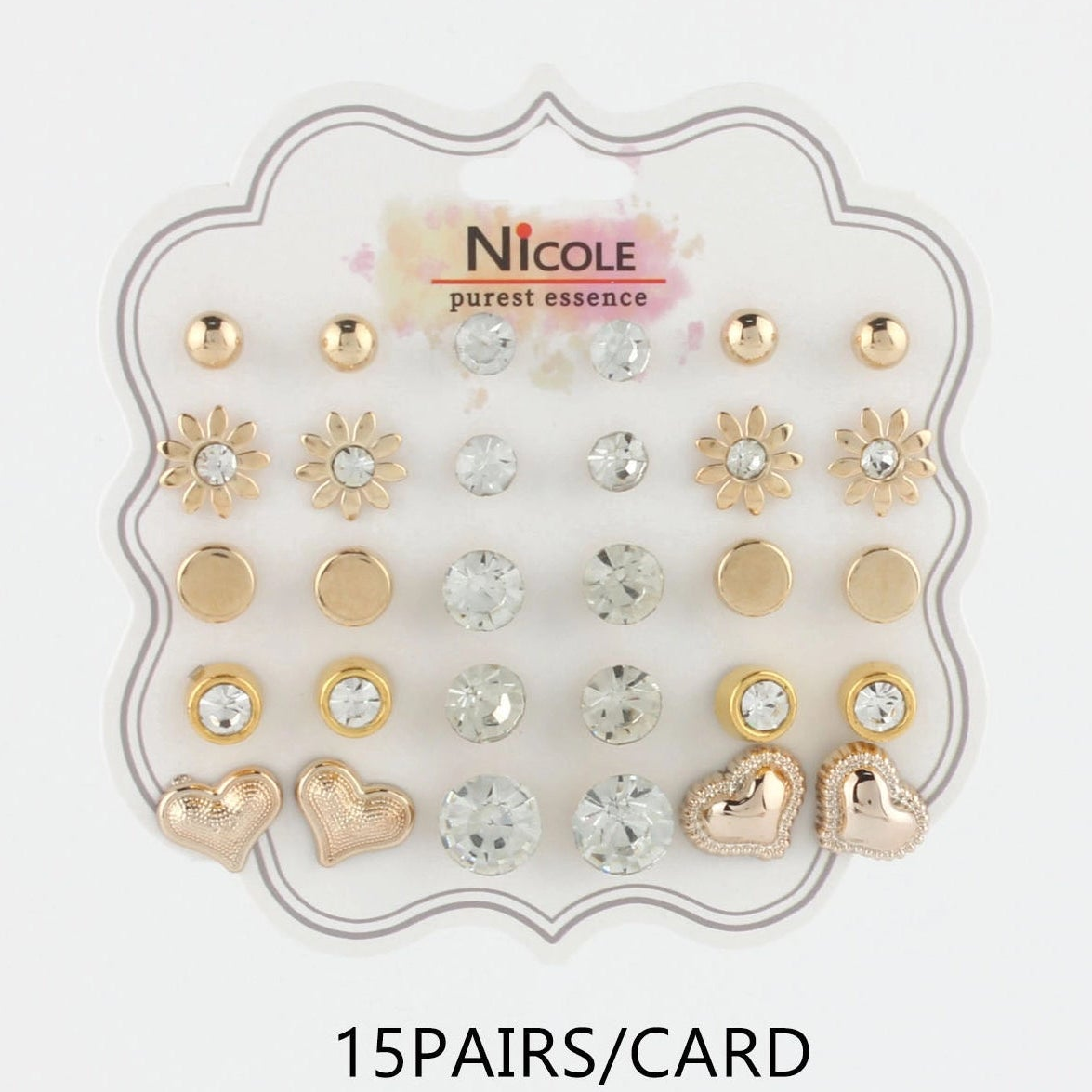 15-Pair Earring Stud Set – Gold-Tone Hearts, Flowers & Crystals (CR3304)