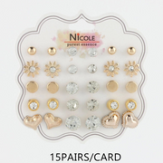 15-Pair Earring Stud Set – Gold-Tone Hearts, Flowers & Crystals (CR3304)