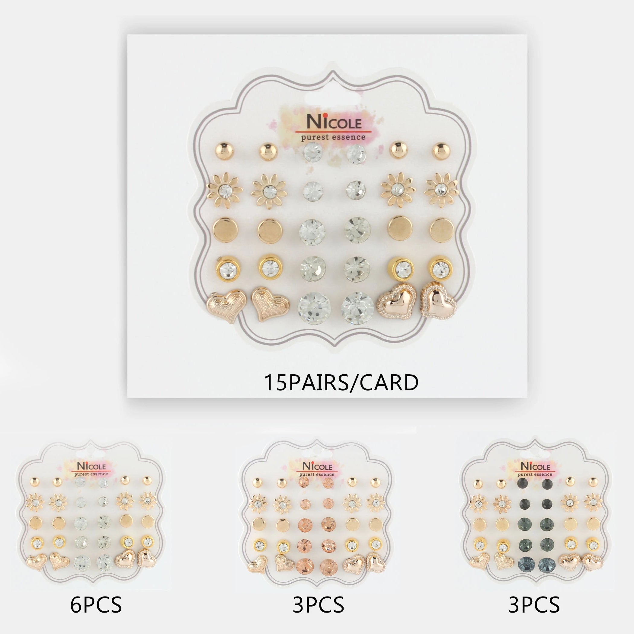 15-Pair Earring Stud Set – Gold-Tone Hearts, Flowers & Crystals (CR3304)