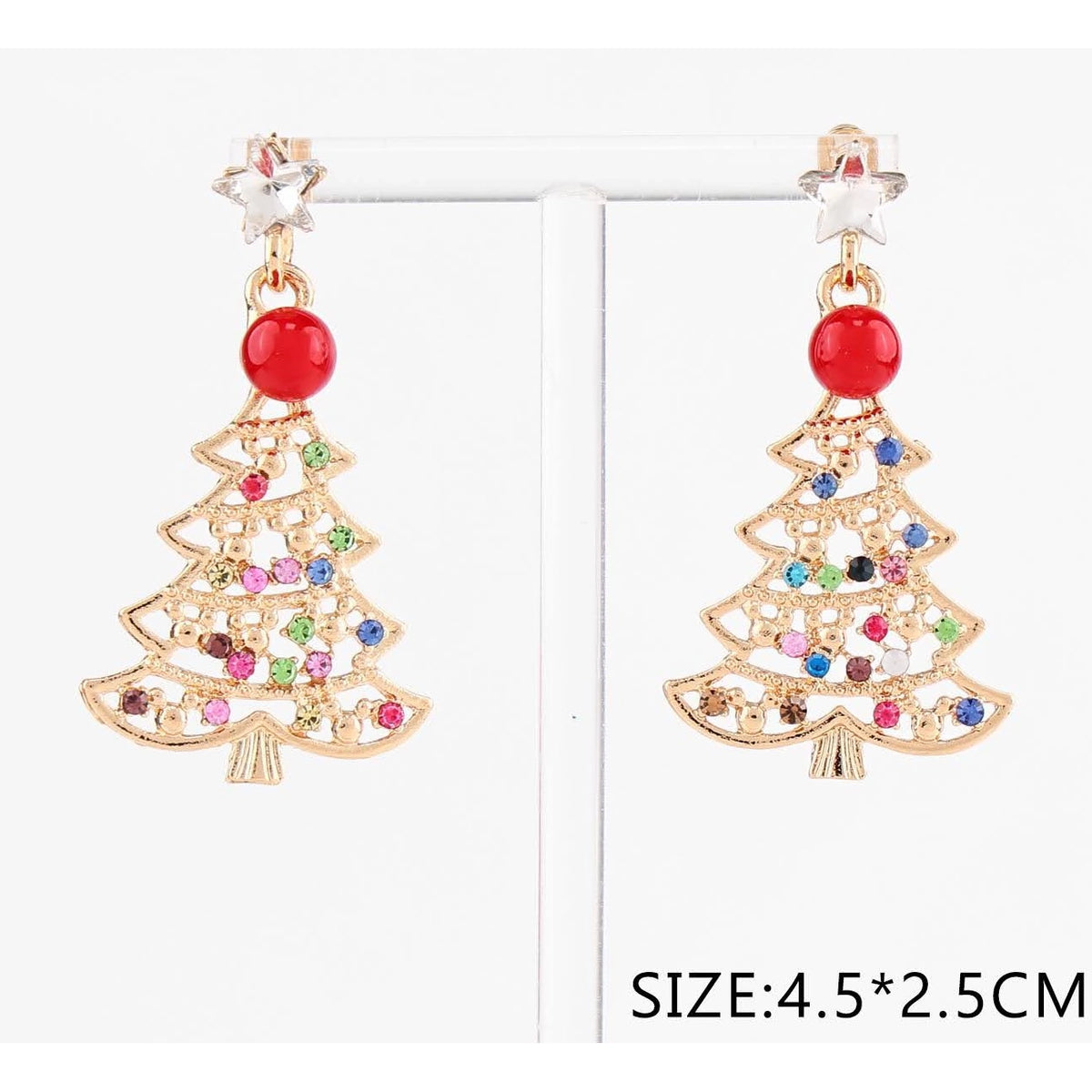 .5CM Cutout Christmas Tree Dangle Earrings with Star Stud Post & Red Bead Accent – Gold & Silver Tone 12-Pair (CR3619)