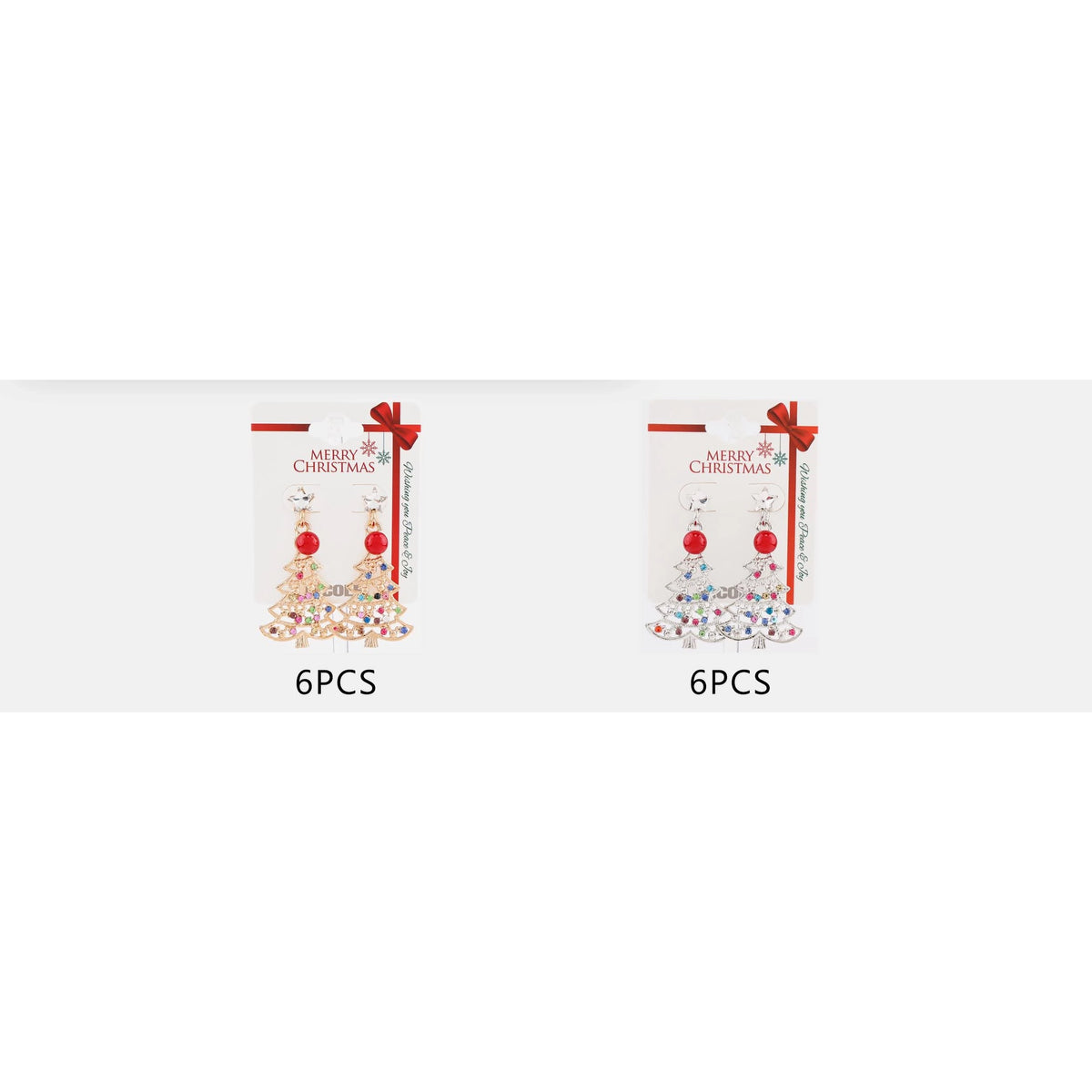 .5CM Cutout Christmas Tree Dangle Earrings with Star Stud Post & Red Bead Accent – Gold & Silver Tone 12-Pair (CR3619)