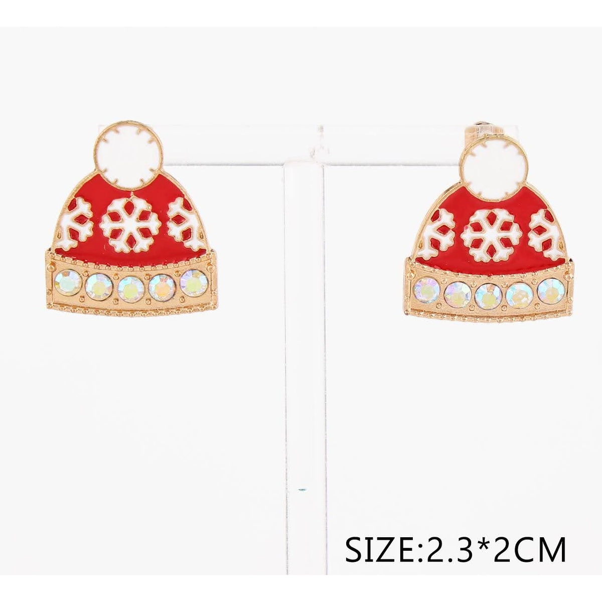 2.3CM Red Enamel Winter Beanie Hat Post Earrings with Rhinestones & Snowflakes – Gold & Silver Tone 12-Pair Wholesale Pack (CR3623)