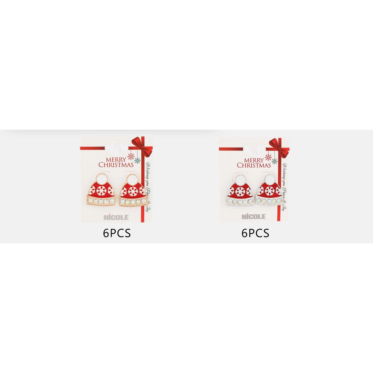 2.3CM Red Enamel Winter Beanie Hat Post Earrings with Rhinestones & Snowflakes – Gold & Silver Tone 12-Pair Wholesale Pack (CR3623)