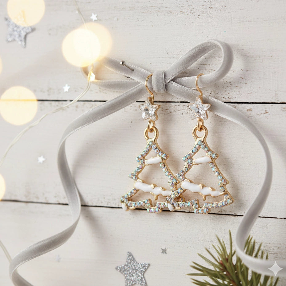 Sparkling Christmas Tree Dangle Earrings – Festive Holiday Jewelry (Gold & Silver Tone) | 3.5x2.2cm