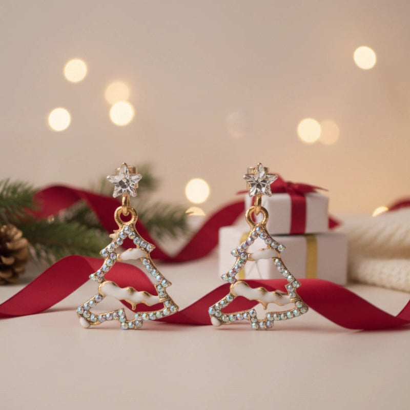 Sparkling Christmas Tree Dangle Earrings – Festive Holiday Jewelry (Gold & Silver Tone) | 3.5x2.2cm