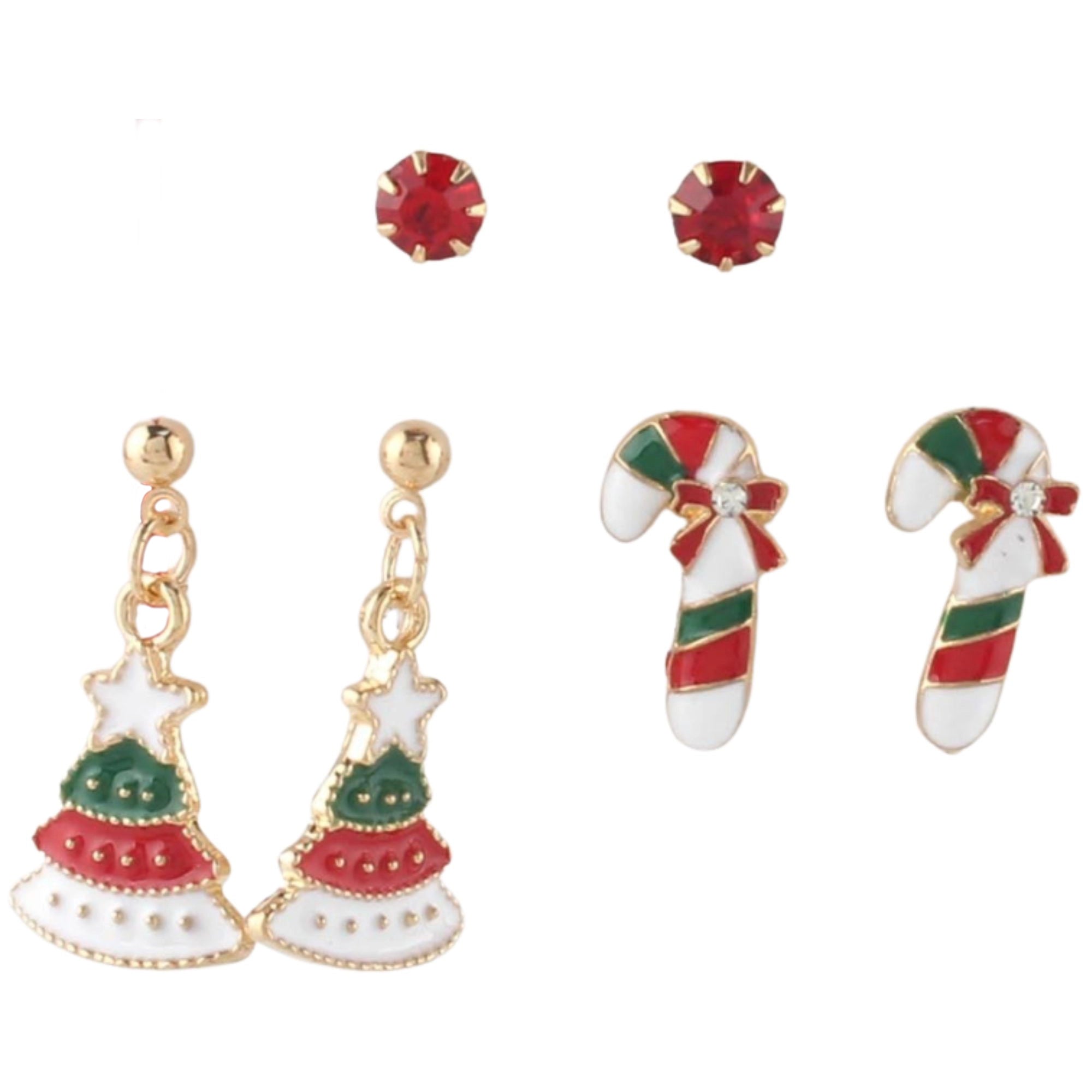 Christmas Earring Set – 3-Pair Holiday Stud & Dangle Earrings (Tree, Candy Cane & Red Gem)