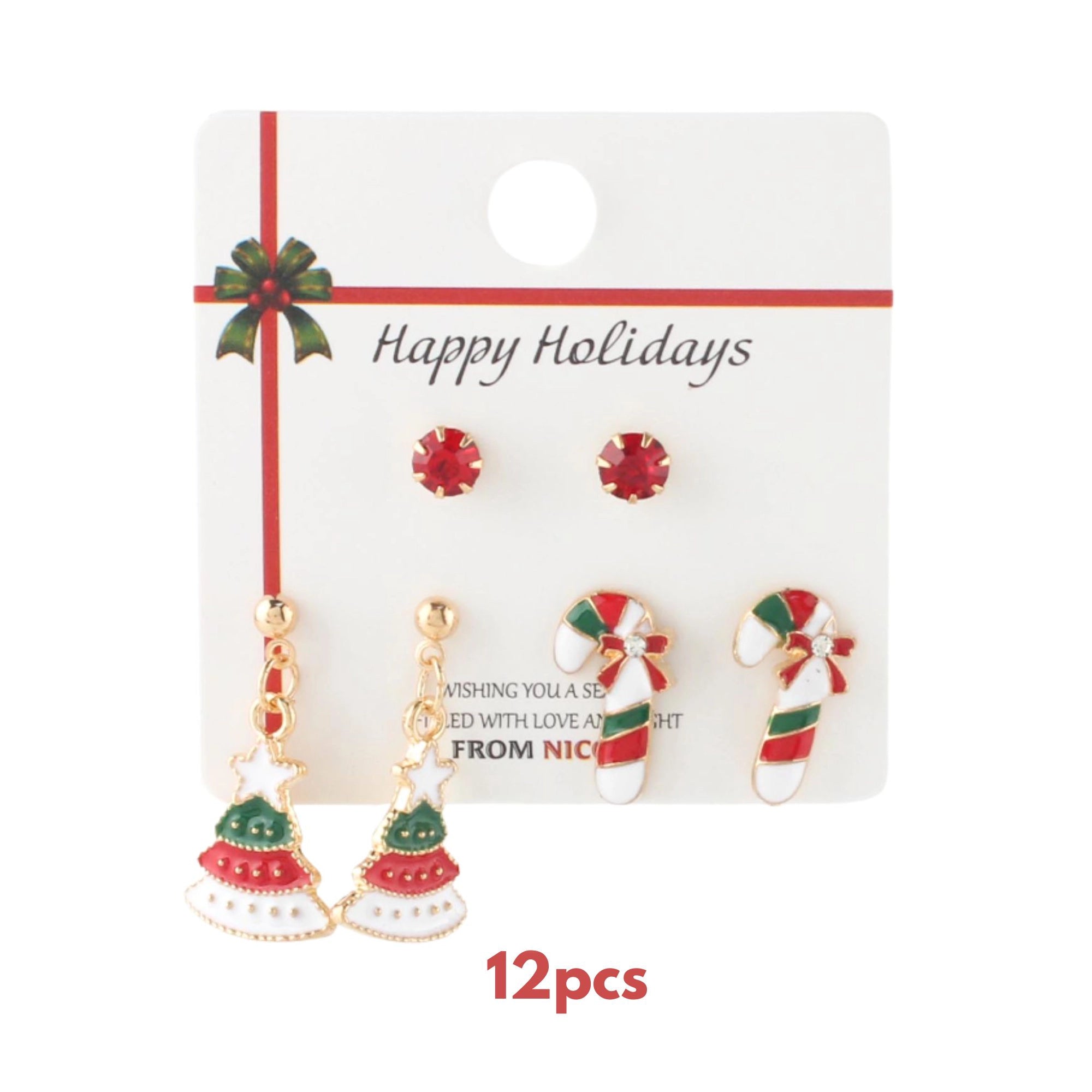 Christmas Earring Set – 3-Pair Holiday Stud & Dangle Earrings (Tree, Candy Cane & Red Gem)