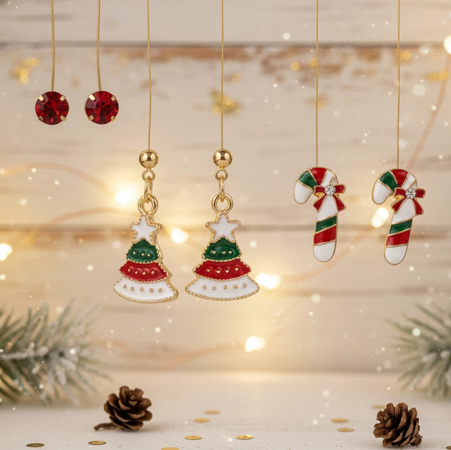 Christmas Earring Set – 3-Pair Holiday Stud & Dangle Earrings (Tree, Candy Cane & Red Gem)
