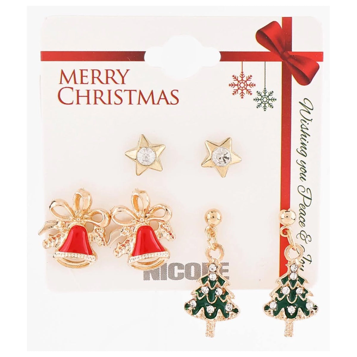 Christmas Earring Set – Rhinestone Star Studs, Red Jingle Bell Studs & Green Tree Dangles 36-Pair Wholesale Pack (CR3669)