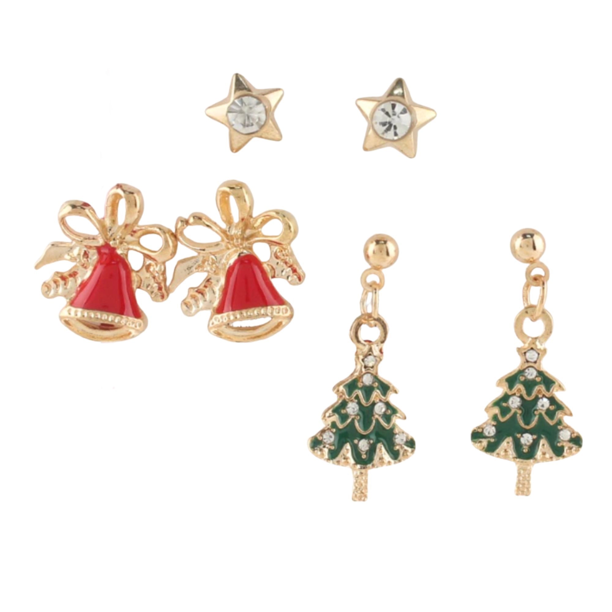 Christmas Earring Set – 3-Pair Festive Holiday Earrings (Star, Bell & Tree Design)