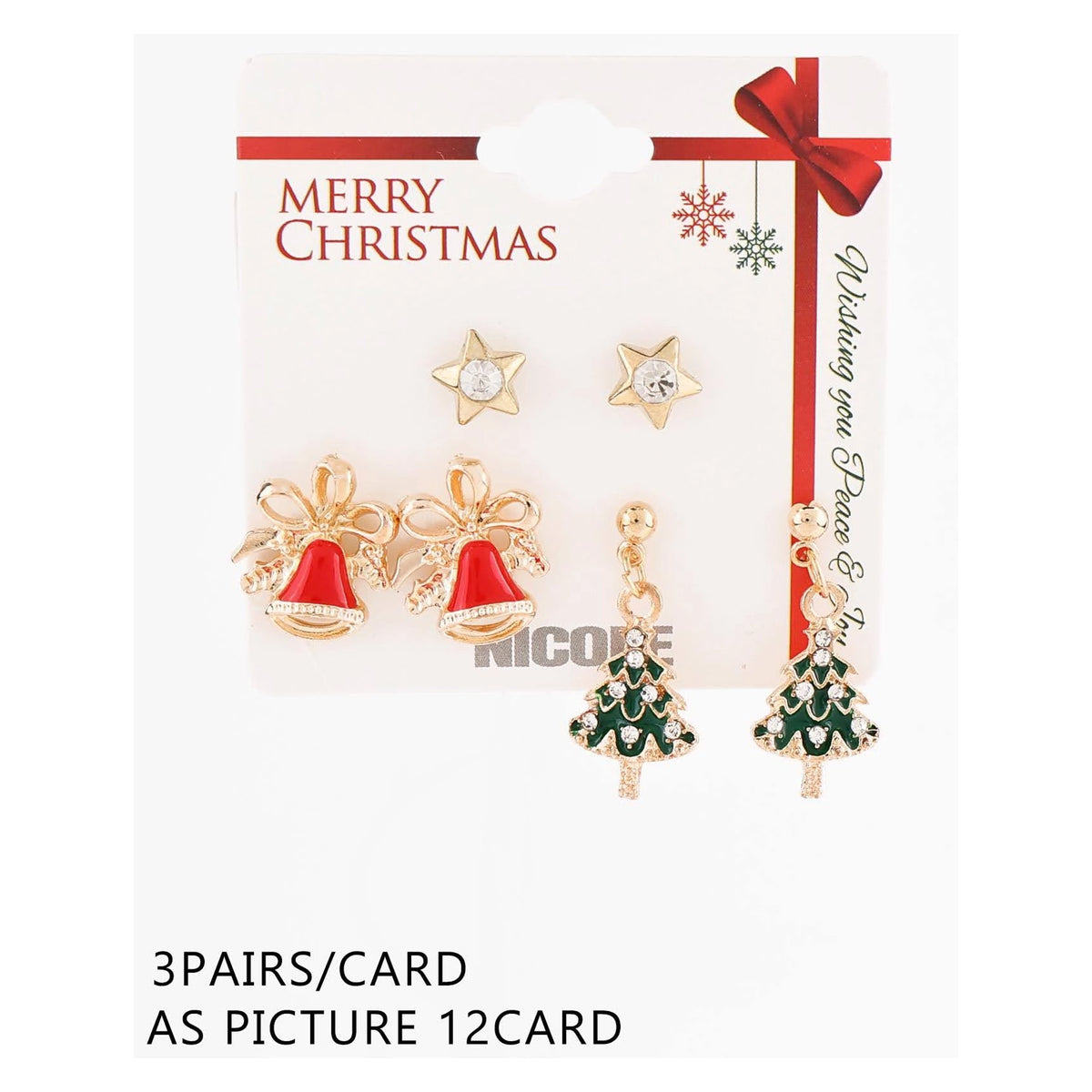 Christmas Earring Set – Rhinestone Star Studs, Red Jingle Bell Studs & Green Tree Dangles 36-Pair Wholesale Pack (CR3669)