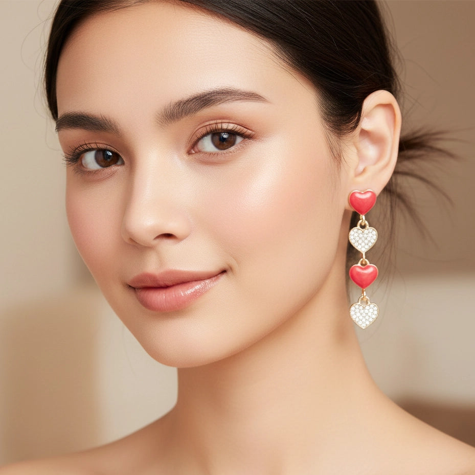 Sparkling 4-Tier Heart Dangle Earrings – Long Rhinestone & Glossy Drop Jewelry for Valentine's Day & Beyond (6cm)