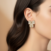Gold & Silver Rhinestone Bow Clip-On Earrings – Elegant Crystal Non-Pierced Statement Earrings (CR3784)