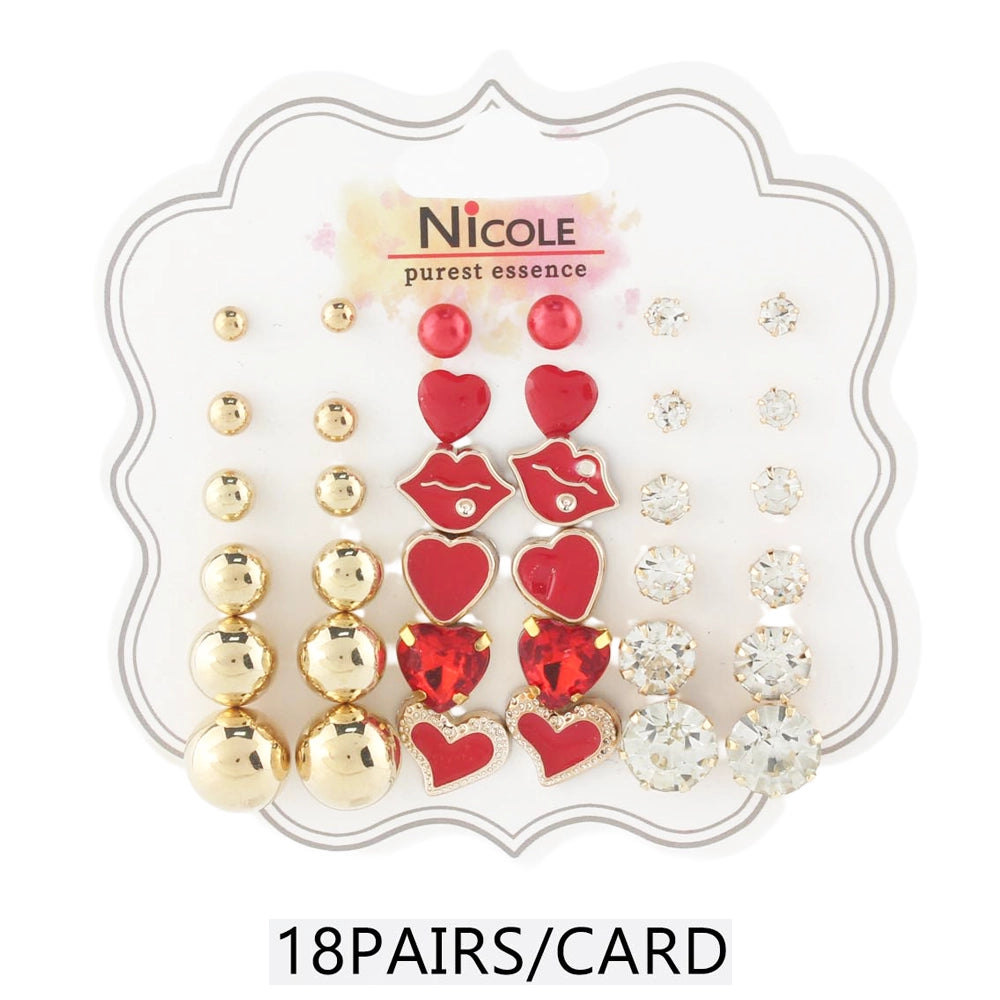 18-Pair Romantic Red & Gold Stud Earring Set (CR3791)